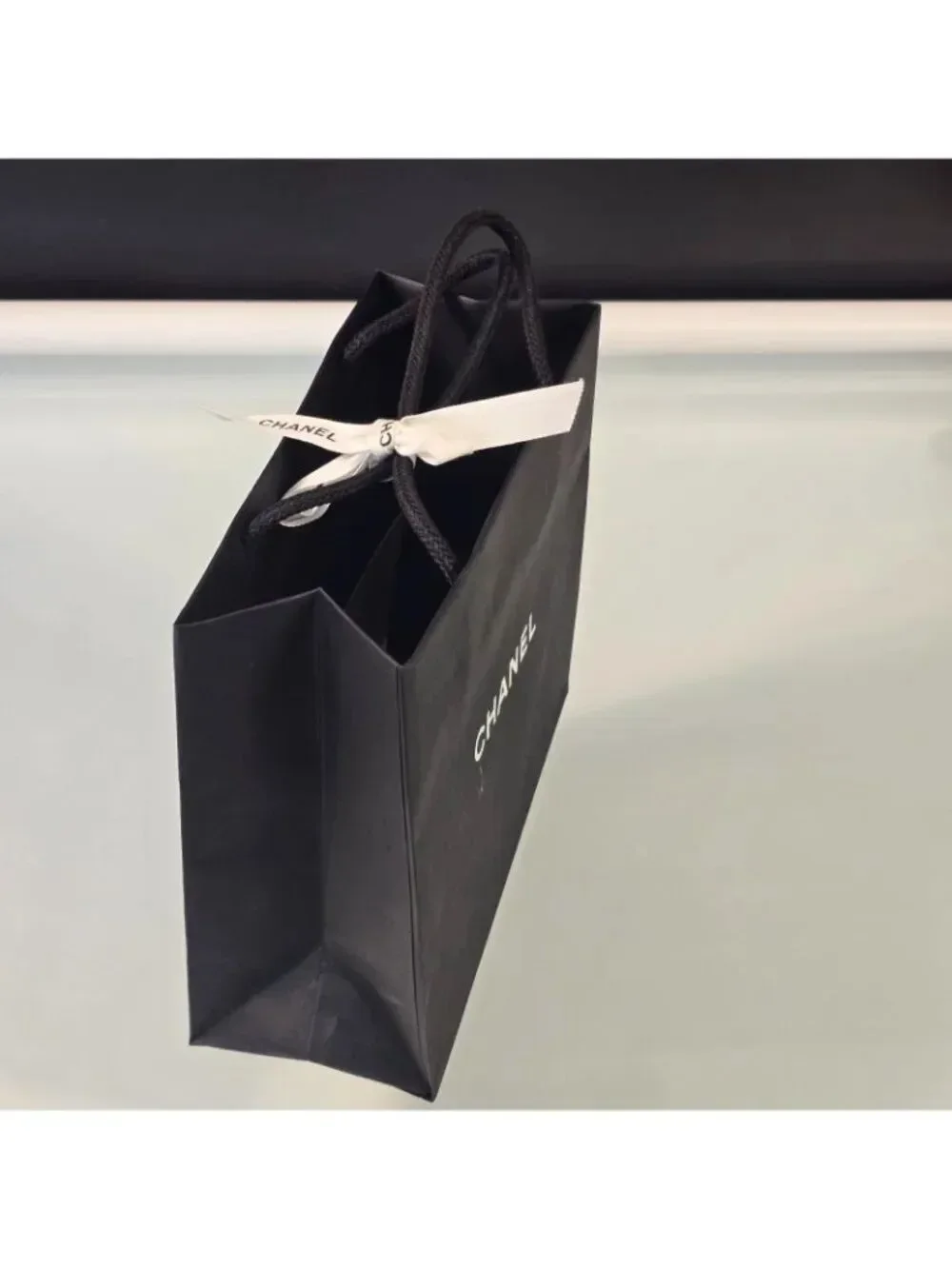 CHANEL Classic Black Paper Gift Shopping Bag Rope Handles Ribbon 8.5